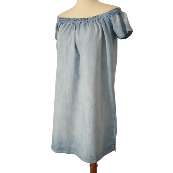 Cloth & Stone Chambray Dress Shift Mini Off Shoulder Light Wash XS Tencel Tunic - Picture 8 of 16